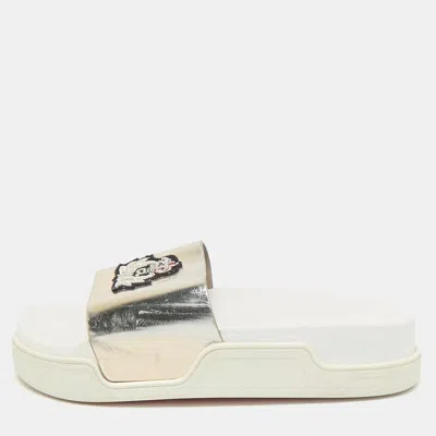 Pre-owned Christian Louboutin Silver Leather Crown Beau Slide Sandals Size 40