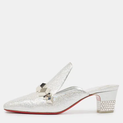 Pre-owned Christian Louboutin Silver Leather Crystal Embellished Aquallia Mules Size 37