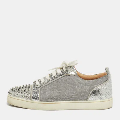 Pre-owned Christian Louboutin Silver Lurex Fabric And Python Embossed Vierissima Spike Low Top Sneakers Size 43