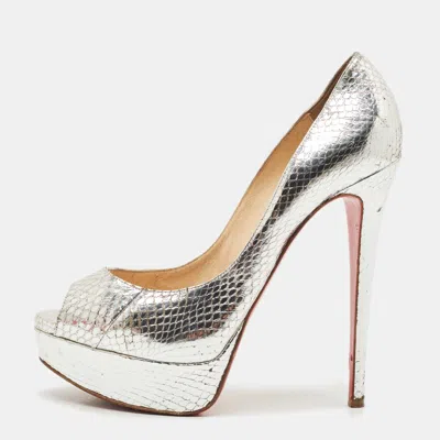 Pre-owned Christian Louboutin Silver Python Embossed Leather Lady Peep Toe Pumps Size 37.5