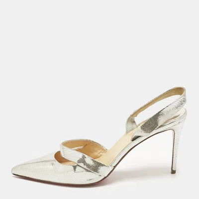 Pre-owned Christian Louboutin Silver Texture Leather Actina Slingback Sandals Size 38