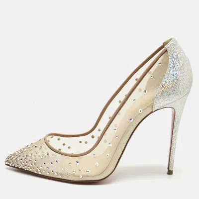 Pre-owned Christian Louboutin Silver/beige Lace And Mesh Follies Strass Pumps Size 36