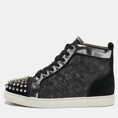 Pre-owned Christian Louboutin Silver/black Suede And Leather Lou Spikes High Top Sneakers Size 37.5
