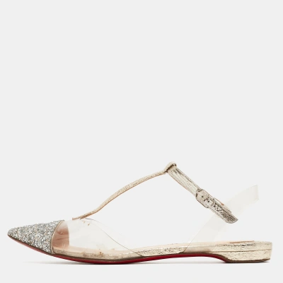 Pre-owned Christian Louboutin Silver/gold Coarse Glitter And Pvc Nosy T-strap Flats Size 37.5