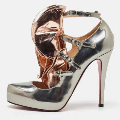 Pre-owned Christian Louboutin Silver/rose Gold Leather Ruffle Mary Jane Pumps Size 38.5