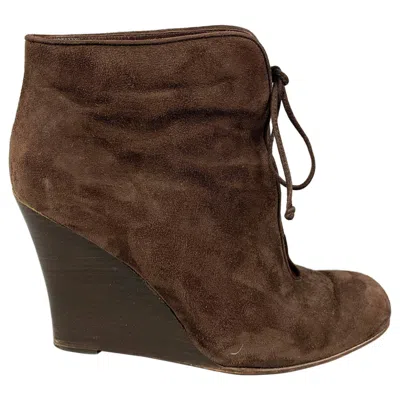 Pre-owned Christian Louboutin Size 10 Brown Suede Wedge Boots