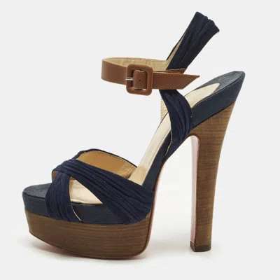 Pre-owned Christian Louboutin Size 36 Navy Blue/brown Leather And Suede Ankle Strap Platform Sandals