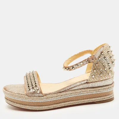 Pre-owned Christian Louboutin Size 36 Silver Raffia And Suede Spike Wedge Sandals