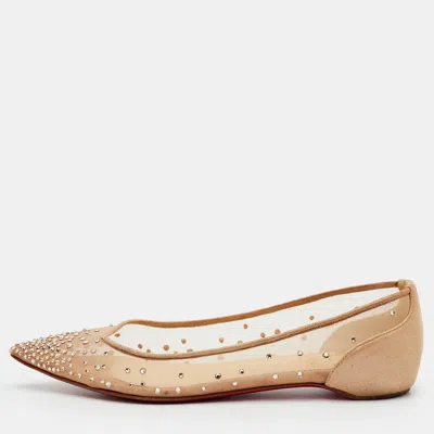 Pre-owned Christian Louboutin Size 37 Beige Follies Strass Mesh And Suede Ballet Flats