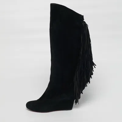 Pre-owned Christian Louboutin Size 37 Black Suede Fringe Knee Length Boots