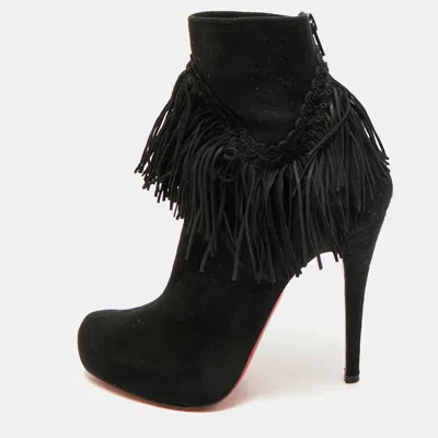 Pre-owned Christian Louboutin Size 37 Black Suede Rom Fringe Detail Platform Ankle Length Boots