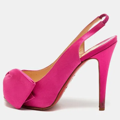 Pre-owned Christian Louboutin Size 37 Fuchsia Satin Slingback Peep Toe Pumps In Pink