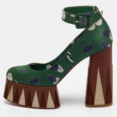 Pre-owned Christian Louboutin Size 37 Green Brown Silk Printed Yazefir Platform Pumps