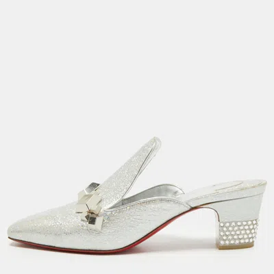 Pre-owned Christian Louboutin Size 37 Silver Leather Crystal Embellished Mules