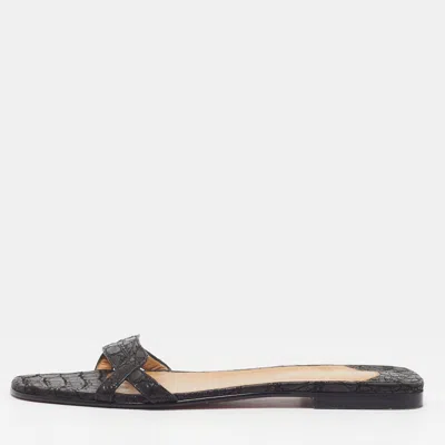 Pre-owned Christian Louboutin Size 37.5 Black Croc Embossed Leather Flat Slides