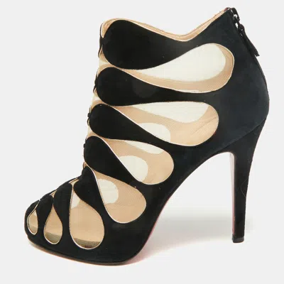 Pre-owned Christian Louboutin Size 37.5 Black Lace And Suede Cut Out Ankle Length Boots
