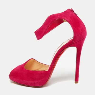 Pre-owned Christian Louboutin Size 37.5 Hot Pink Suede Ankle Strap Peep Toe Pumps