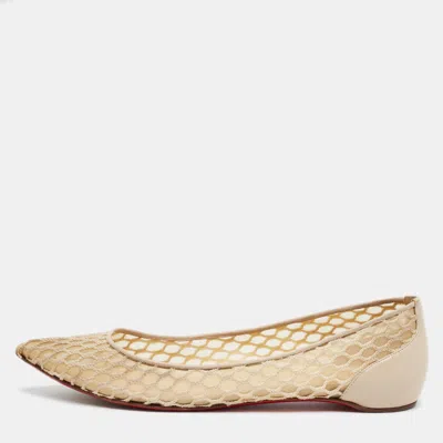Pre-owned Christian Louboutin Size 38 Beige Leather And Mesh Ballet Flats In Sand