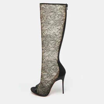Pre-owned Christian Louboutin Size 38 Black Lace And Satin Open Toe Knee Length Boots