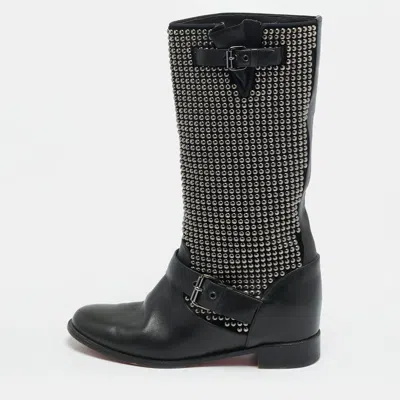Pre-owned Christian Louboutin Size 38 Black Leather And Suede Studded Buckle Mid Calf Boots