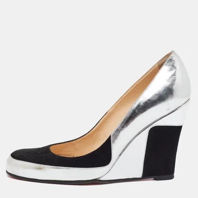 Pre-owned Christian Louboutin Size 38 Silver/black Patent Leather And Suede Wedge Pumps