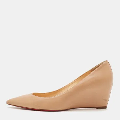 Pre-owned Christian Louboutin Size 38.5 Beige Leather Wedge Pumps In Sand