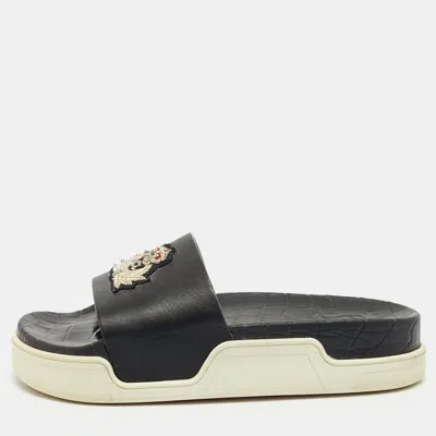 Pre-owned Christian Louboutin Size 38.5 Black Leather Crest Slide Sandals