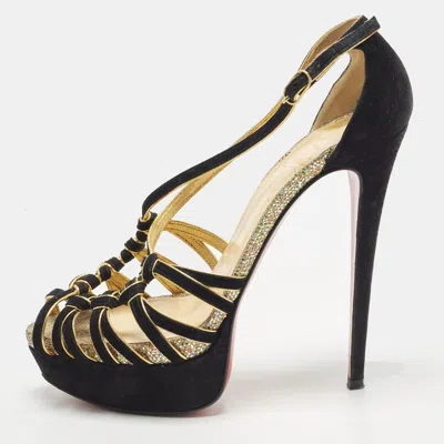 Pre-owned Christian Louboutin Size 38.5 Black/gold Leather And Suede Platform Pumps