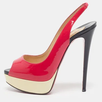 Pre-owned Christian Louboutin Size 38.5 Pink/cream Patent Leather Platform Peep Toe Slingback Pumps