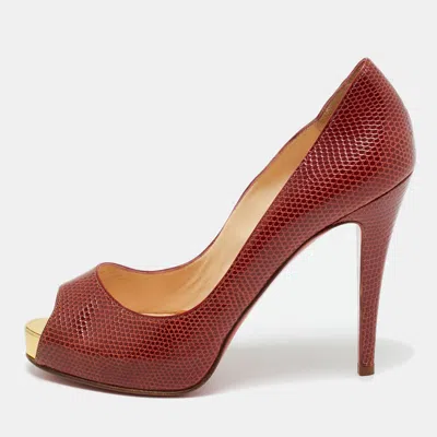 Pre-owned Christian Louboutin Size 38.5 Red Karung Leather Platform Peep Toe Pumps