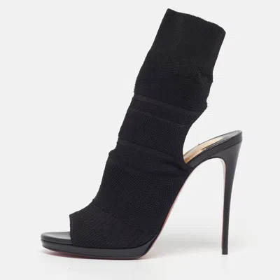 Pre-owned Christian Louboutin Size 39 Black Knit Fabric Open Toe Cut Out Socks Ankle Length Boots