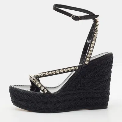 Pre-owned Christian Louboutin Size 39 Black Leather Wedge Espadrille Sandals
