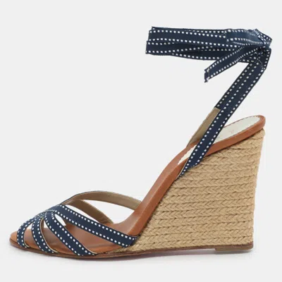 Pre-owned Christian Louboutin Size 39 Blue Fabric Wedge Espadrille Ankle Wrap Sandals
