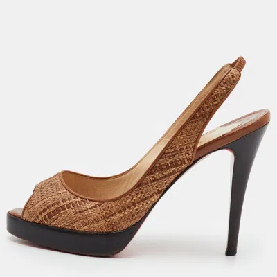 Pre-owned Christian Louboutin Size 39 Brown Leather And Raffia Platform Peep Toe Slingback Pumps