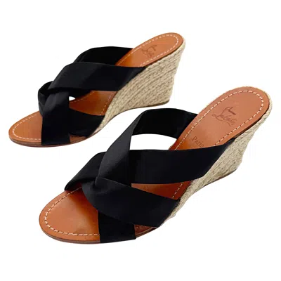 Pre-owned Christian Louboutin Size 39 Delfin Black Silk Satin Raffia Wedge Shoes Heels