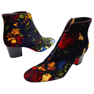 Pre-owned Christian Louboutin Size 39 Floral Bouquet Velvet Disco Ankle Boots Booties In Black