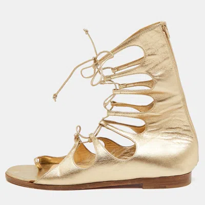 Pre-owned Christian Louboutin Size 39 Gold Leather Gladiator Flat Sandals