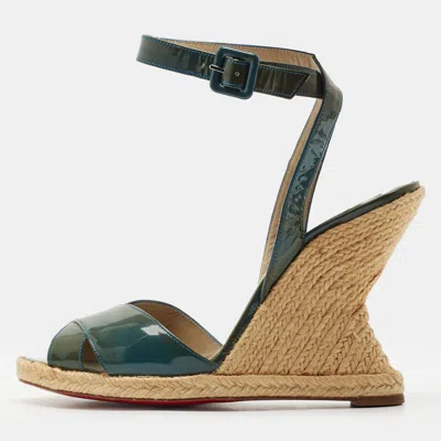 Pre-owned Christian Louboutin Size 39 Green Patent Leather Espadrille Wedge Ankle Strap Sandals