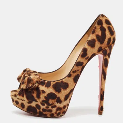 Pre-owned Christian Louboutin Size 40 Brown/beige Leopard Print Calf Hair Bow Peep Toe Platform Pumps