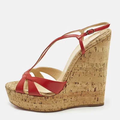 Pre-owned Christian Louboutin Size 40 Red Leather Strappy Cork Wedge Sandals