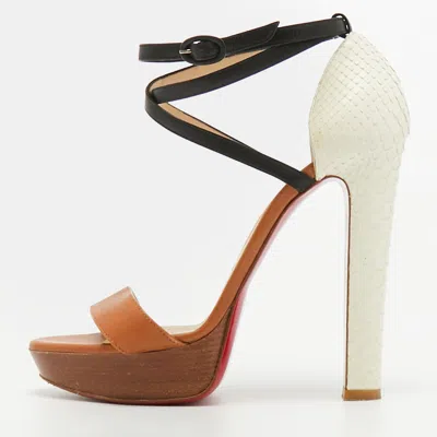 Pre-owned Christian Louboutin Size 40 Tricolor Python And Leather Platform Ankle Strap Sandals In Brown