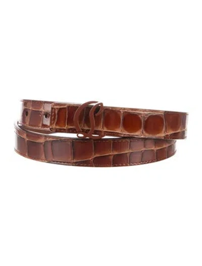 Pre-owned Christian Louboutin Skinny Embossed Leather Belt In Brown