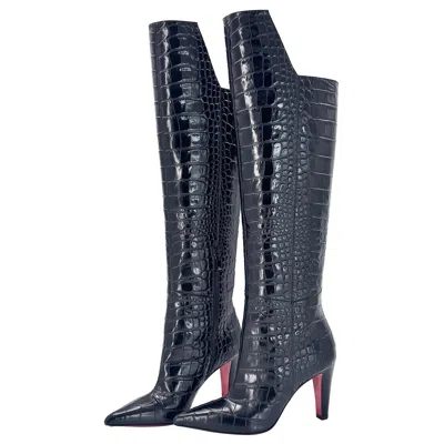 Pre-owned Christian Louboutin Slimini Botta Croc Emboss Knee High Pointed Toe Boots 36 In Black