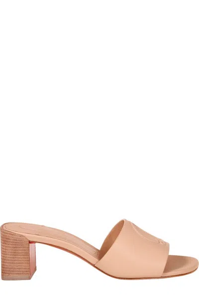 Christian Louboutin Leather Logo Red Sole Mule Sandals In Beige