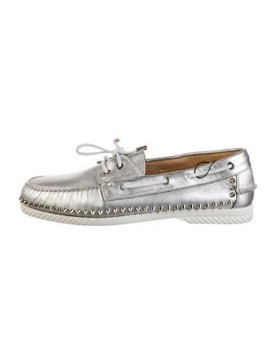 Pre-owned Christian Louboutin Spike Accents Leather Espadrilles W/ Tags In Metallic/silver