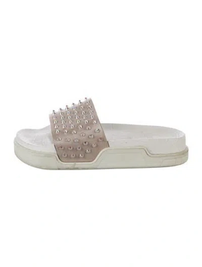 Pre-owned Christian Louboutin Spike Accents Leather Slides In Neutral