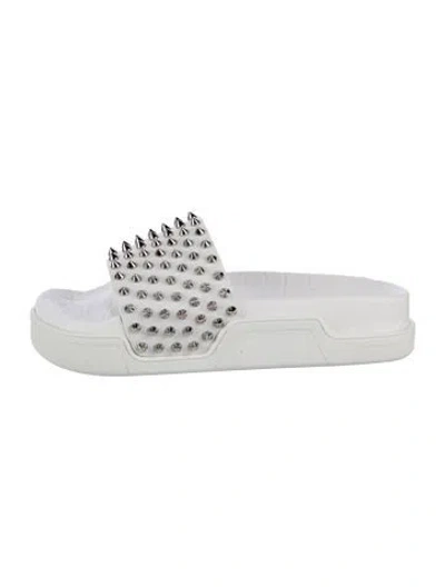 Pre-owned Christian Louboutin Spike Accents Leather Slides In Silver/white