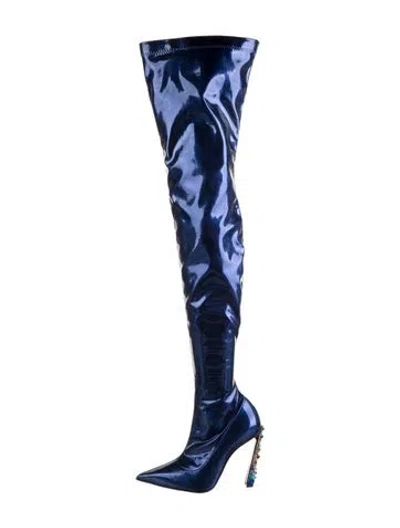 Pre-owned Christian Louboutin Spike Accents Patent Leather Boots W/ Tags In Blue
