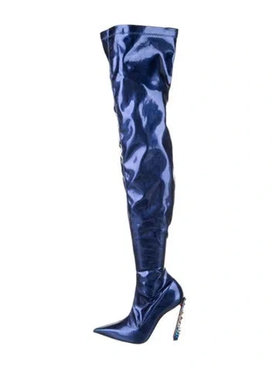 Pre-owned Christian Louboutin Spike Accents Patent Leather Boots W/ Tags In Blue