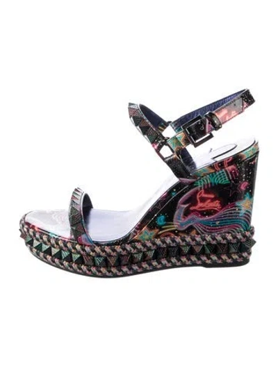 Pre-owned Christian Louboutin Spike Accents Patent Leather Espadrilles In Black